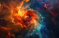 orange and blue nebula with a red star and red star