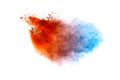 Orange blue  powder explosion on white background.Orange blue color dust splash clouds Royalty Free Stock Photo