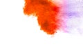 Orange blue  powder explosion on white background.Orange blue color dust splash clouds Royalty Free Stock Photo