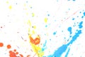 Orange, Blue and Yellow Acrylic Paint Splatters and Lines on White Background