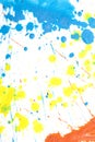 Orange, Blue and Yellow Acrylic Paint Splatters and Lines on White Background