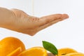 Orange body oil is poured into the palm of your hand. Sliced orange on a white background. Organic SPA cosmetics with herbal