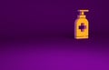 Orange Bottle of liquid antibacterial soap with dispenser icon isolated on purple background. Antiseptic. Disinfection Royalty Free Stock Photo