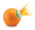 Orange with bottle neck and juice splashes