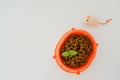 Orange bowl with cat food, mouse, cat paws on a white background. Flat lay composition with cat accessories and food Royalty Free Stock Photo