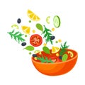 Orange bowl with slices of tomato, lemon and herbs. Vector illustration on a white background. Royalty Free Stock Photo