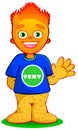 Orange boy. Cartoon Freckled, waving shaking hand. Fire haired kid. advertising mascot. 2d carton character. vector illustration.