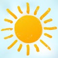 Orange bright sun icon with warm rays. Sunlight symbol is on blue sky background.