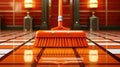 Orange broom on tiled floor with lights, AI