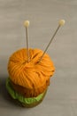 Orange, brown, green and marsh woolen yarn and knitting needles Royalty Free Stock Photo