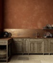 Orange brown kitchen interior with sink, furniture, decor and metal countertop.