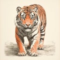 Orange And Brown Tiger Drawing In Wood Engraving Style