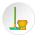 Orange bucket with mop icon, cartoon style