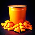 Orange bucket with orange peppers on black background. Selective focus. AI generated