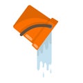Orange bucket of water. Splash and splatter. Liquid pours out. Cartoon flat illustration. Cleaning the house