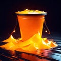 Orange bucket with yellow paint on a black background. 3d rendering AI Generated