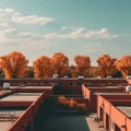 an orange building with trees in the background