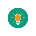 Orange bulb with rays in blue circle. flat icon. Isolated on white. Electric Light icon. New business idea.