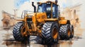 Detailed Oil Painting Of A Giant Orange Tractor