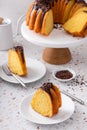 Orange bundt cake topped with chocolate ganache cut into slices Royalty Free Stock Photo