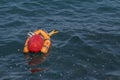 Orange buoy-boat with fishing tackle