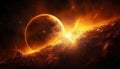 orange burning planet in open space, planet collapse in outer cosmos, astronomy concept