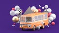 Orange buses among colorful balls on a purple background. Royalty Free Stock Photo