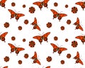 Orange Butterflies Flying Amongst Flowers On White Background Seamless Pattern Repeat Royalty Free Stock Photo