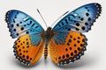 The orange butterfly is beautiful and is shown here flying against a white background