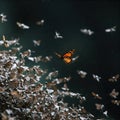 An orange butterfly flies among a gray crowd of moths. Royalty Free Stock Photo