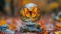 Orange butterfly inside a crystal ball on autumn leaves Royalty Free Stock Photo