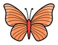 Orange butterfly with open wings, simple flat design. Biology, entomology, spring nature vector illustration