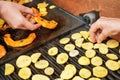 Orange butternut squash pieces grilled on electric grill, detail on woman hands moving smoking vegetables, blurred potato chips in