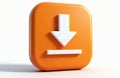 Orange button with white arrow pointing down symbol. 3D icon represents data transfer. Useful for web ui and app design. Get Royalty Free Stock Photo
