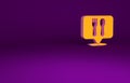 Orange Cafe and restaurant location icon isolated on purple background. Fork and spoon eatery sign inside pinpoint