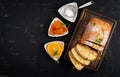 Orange cake with dried apricots and powdered sugar. Royalty Free Stock Photo