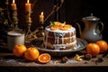 Orange cake with tangerines and icing, sugar cream over the top. Generative AI