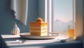 Orange cake on a white plate on the windowsill. 3D rendering Royalty Free Stock Photo