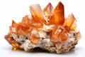 Orange Calcite carbonate mineral crystal rock on white background