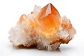 Orange Calcite carbonate mineral crystal on white background