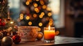 Orange Candle holder with some Christmas decorations put on a wood table just beside a Christmas tree