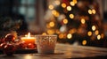 Orange Candle with some Christmas decorations put on a wood table with a blurry luminous Christmas tree