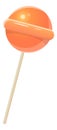 Orange candy on stick. Realistic round sweet lollipop isolated, kids delicious caramel, glossy sugar dessert, yummy Royalty Free Stock Photo