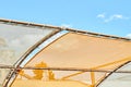 Orange canopy over sun loungers against clear blue sky Royalty Free Stock Photo