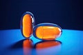 Orange capsule pills on blue background. Medical, future pharmacy, generative ai