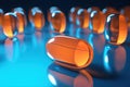 Orange capsule pills on blue background. Medical, future pharmacy, generative ai