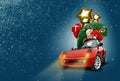 Orange car on blue background. Its snowing. Christmas tree, present boxes, balloons, snow globe, candies on roof Royalty Free Stock Photo