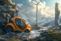 Orange Car Driving Through River Next to Wind Mills, Surreal art concept showcasing electric vehicles getting charged by natural