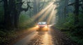 Orange Car on Forest Road with Sun Rays, Mossy Trees, and Atmospheric Light Royalty Free Stock Photo