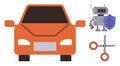 Orange car, robot with shield, and scissors representing technology, safety, and mechanical concepts Royalty Free Stock Photo